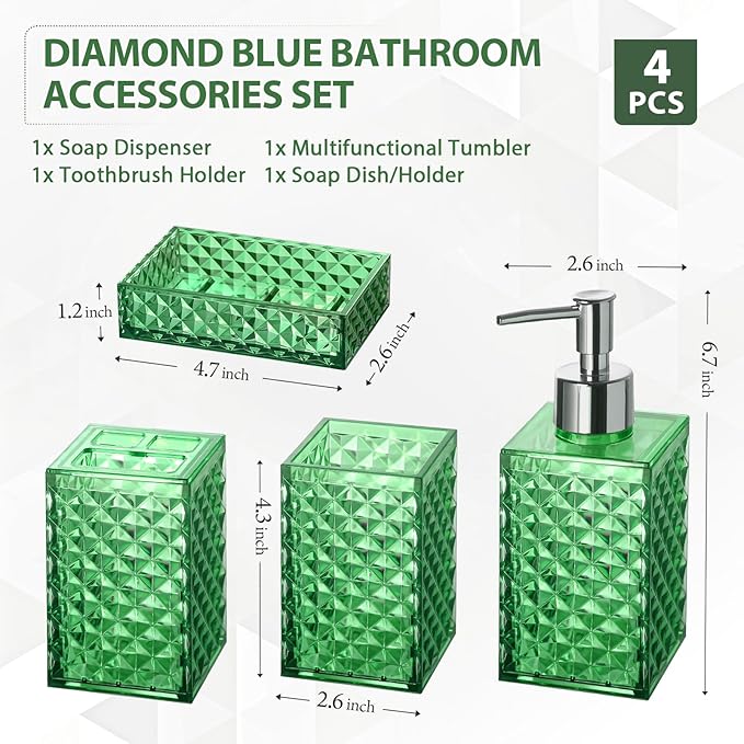 RYTOXILO Green Bathroom Accessories Set, 4 Pack Green Bath Accessory Sets Complete, Acrylic Soap Dispenser and Toothbrush Holder Set for Bathroom Counter Sink, Modern Bathroom Decor