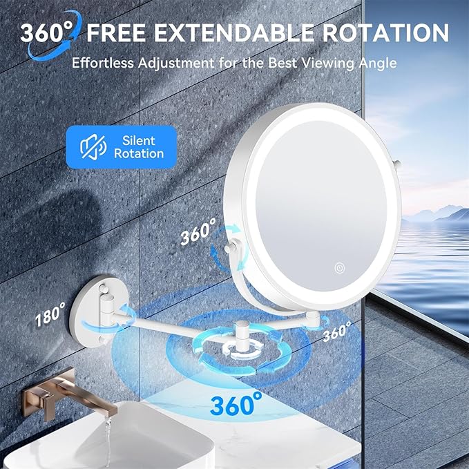 9'' 30X/1X Wall Mounted Lighted Makeup Mirror, 5000mAh Rechargeable Double-Sided Magnifying Mirror with Light, Bathroom Mirror Touch Dimmable 3 Colors 360° Rotation Extended Arm, Power Adapter