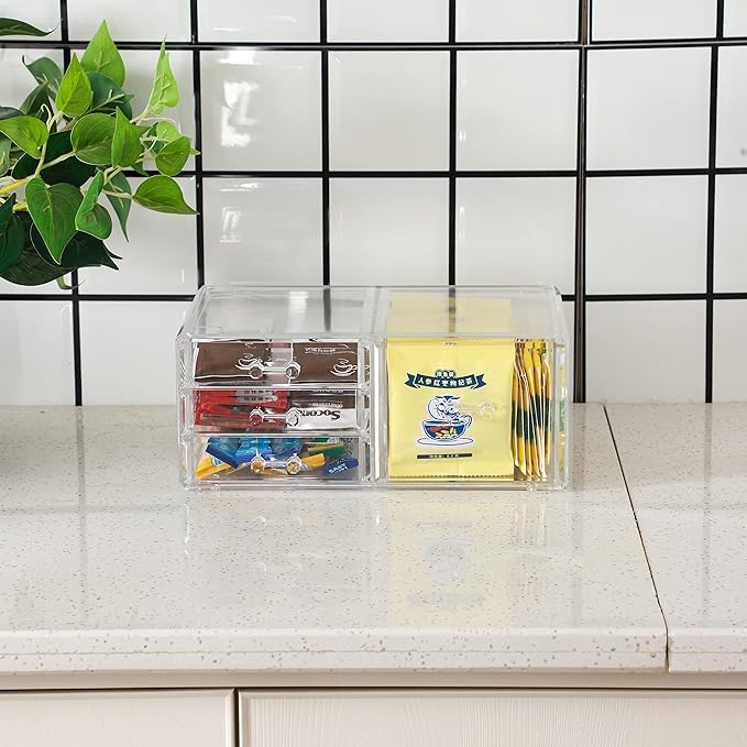 Cq acrylic 1 Pack Clear Stackable Storage Drawers for Vanity,Stackable 4 Drawers Desktop Organizer With Drawers,Cute Desk Storage for Office,Jewelry,Hair Clip,Beauty,Skincare and Make Up Organizers