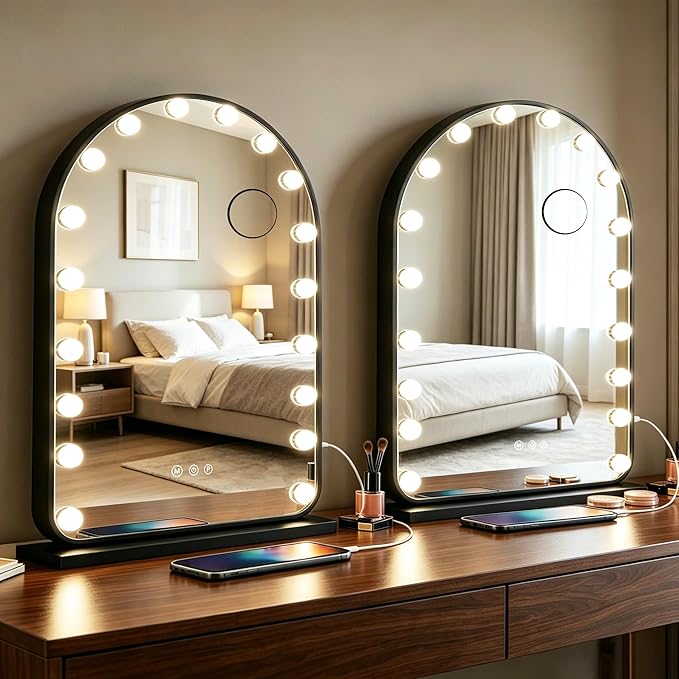 32 x 24 Inch Hollywood Black Arch Vanity Mirror with Lights 3 Color Dimmable Black Arched Lighted Vanity Mirror for TableTop Wall Detachable Base X10 Magnifying Arch Makeup Mirror with Lights