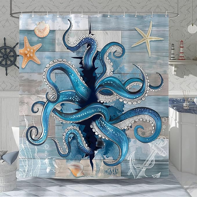 Accnicc Navy Blue Octopus Shower Curtain Funny Ocean Nautical Kraken Seashell Starfish Shower Curtains for Bathroom Beach Coastal Wooden Cool Unique Waterproof Fabric Bath Curtain Decor 72 X 72 Inch