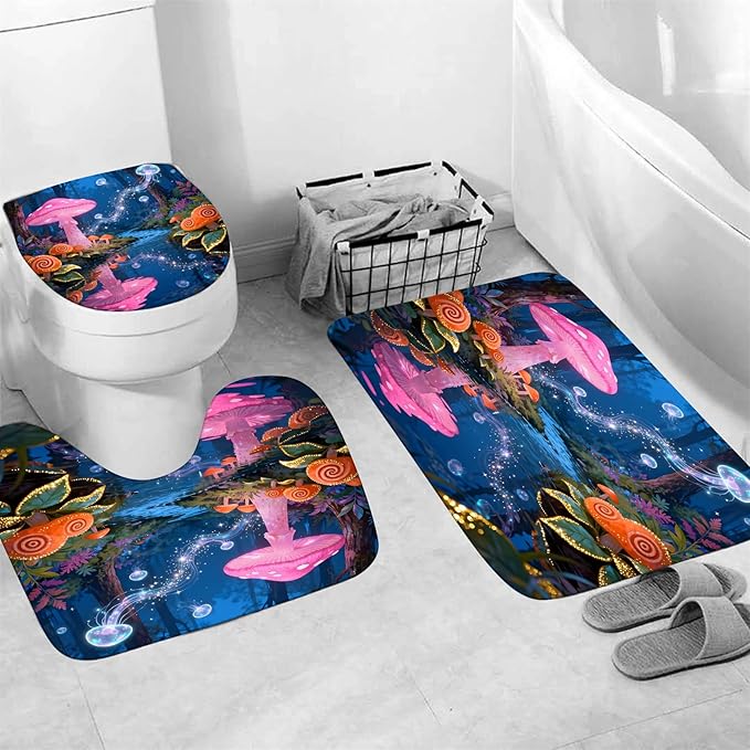 jieprom 4 Piece Blue and Pink Shower Curtain Set with Rugs, Magical Mushroom & Glowing Jellyfish Art, Surreal Forest Aesthetic Bathroom Decor, Waterproof Fabric with Non-Slip Mats & Toilet Lid Cover