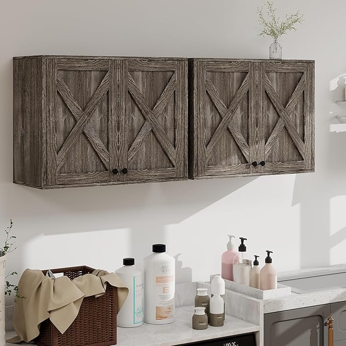 YOURLITE Laundry Cabinet, Medicine Cabinet, Bathroom Kitchen Storage Wall Mounted Farmhouse Organizer with Shelves Over Toilet, One Set of 2 Pieces X 24", Grey