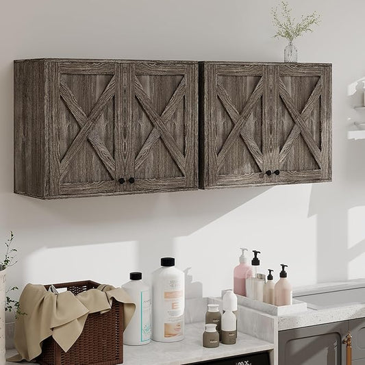 YOURLITE Laundry Cabinet, Medicine Cabinet, Bathroom Kitchen Storage Wall Mounted Farmhouse Organizer with Shelves Over Toilet, One Set of 2 Pieces X 24", Grey