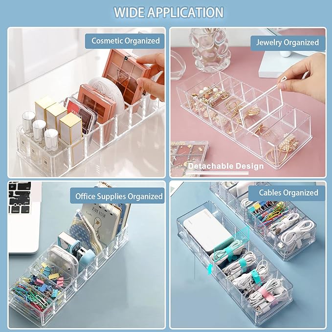 Grehge JoBom Acrylic Makeup Organizer,8-Compartments Removable Clear Cosmetic Storage Boxes for Drawer (8 Compartments)