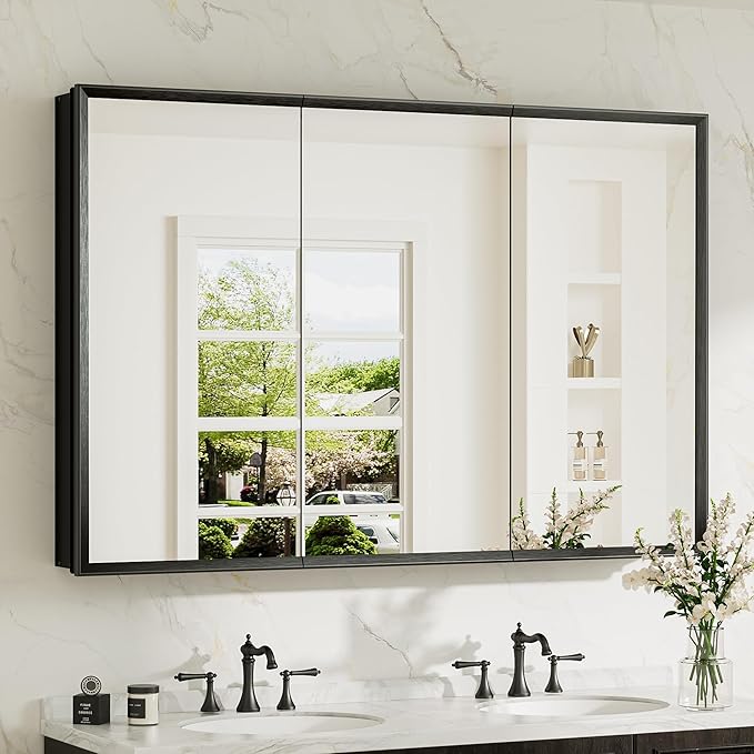 TokeShimi 48 x 32 Medicine Cabinet Recessed, Assembly Required, Lagre Medicine Cabinet Bathroom Mirror with Storage, Stepless Adjustable Shelves, Beveled Aluminum Frame, Tempered Glass