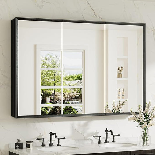 TokeShimi 48 x 32 Medicine Cabinet Recessed, Assembly Required, Lagre Medicine Cabinet Bathroom Mirror with Storage, Stepless Adjustable Shelves, Beveled Aluminum Frame, Tempered Glass