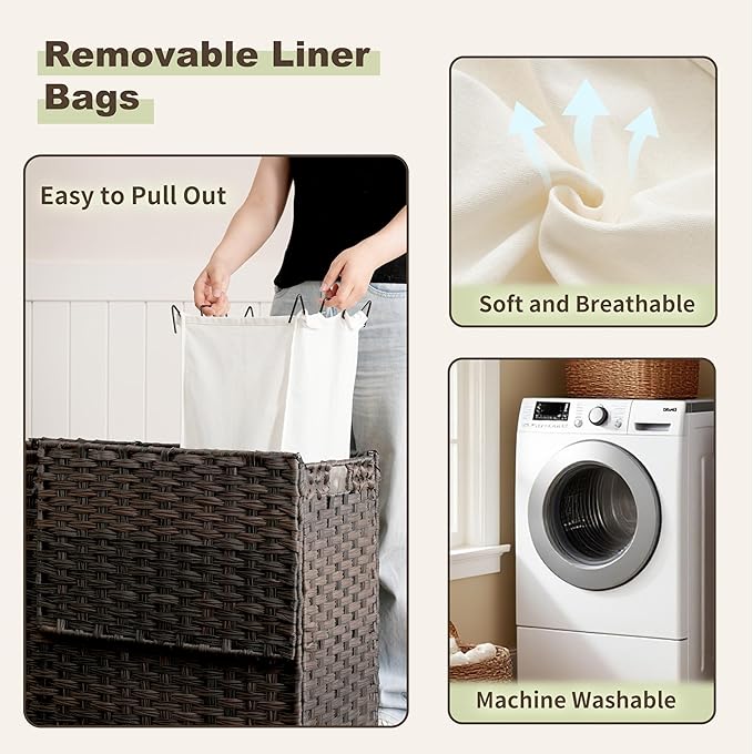 Gitelsnour Laundry Hamper with Lid, 110L (29.1 Gal) Rattan Laundry Hamper 2 Section with 50L (13.2 Gal) Storage Shelf, Wicker Woven Laundry Sorter Basket with 3 Liner Bags and Handles, Brown GLH002BR