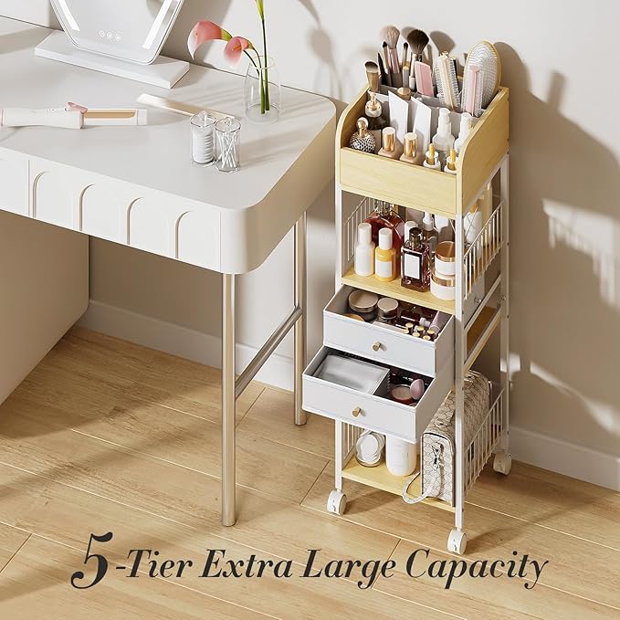 Makeup Organizer Storage Rolling Cart, Floor Bathroom Organizers with Drawers Wheels, Versatile Skincare Perfume Hair Nail Accessories Vanity Craft Organizer, for Dorm Kitchen Home White Metal Wood
