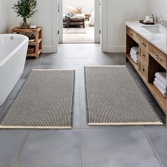 MIULEE Set of 2 Waffle Bathroom Runner Rugs, Boho Bath Rugs Non Slip Washable, Super Absorbent Runner Bath Mats Rubber Backed, Ideal for Hallway Laundry Room, Dark Grey & Yellow, 2' x 4'(24 x 48 Inch)