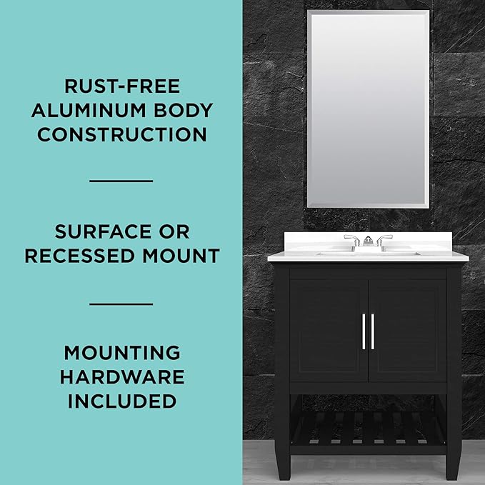 Zenna Home Bathroom Medicine Cabinet with Mirror, Frameless Bathroom Wall Cabinet with Rustproof Aluminum Body, 3 Adjustable Glass Shelves, Recessed or Surface Wall Mount Installation, 15 x 26 Inches