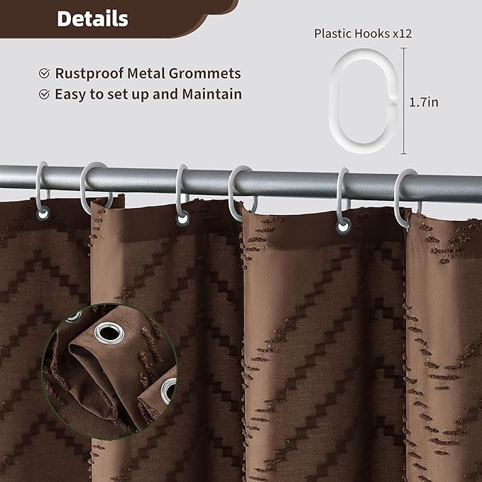 Extra Long Boho Shower Curtain, Woven Fabric 84 in Brown Shower Curtain, 72 x 84, Tufted Chevron Striped Modern Chic Textured Minimalist Bathroom