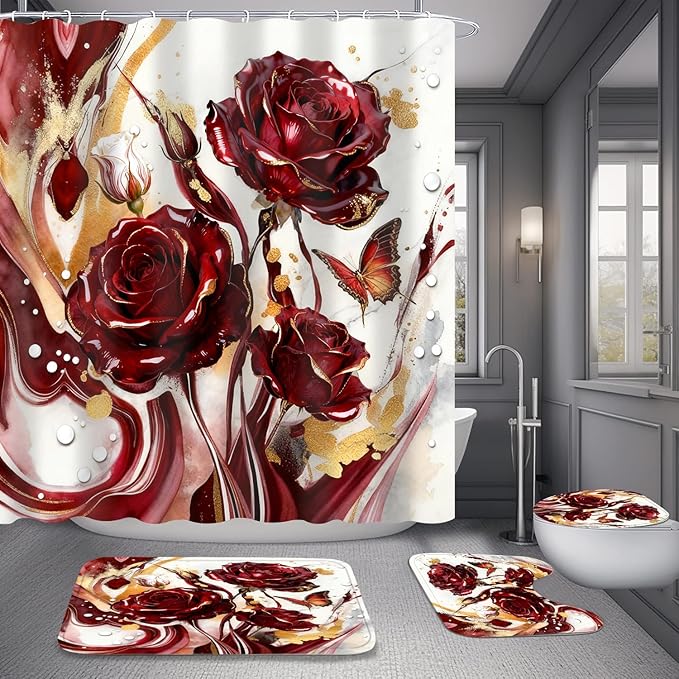Red Marble Rose Shower Curtain Set,Luxury Modern Abstract Floral Bathroom Decor with Non-Slip Rugs & Toilet Lid Cover, Waterproof Fabric with 12 Hooks,Elegant Glamorous Bathroom Accessories for Home