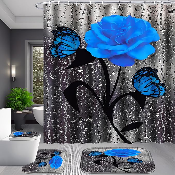 Poedist 4 Pcs Bathroom Set,Blue Rose Shower Curtain Sets, Floral Shower Curtain Sets with Rugs(Bath Mat,U Shape and Toilet Lid Cover Mat) and 12 Hooks