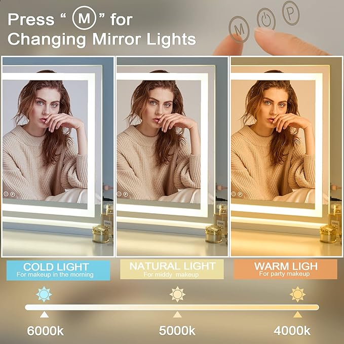 Sucedey 23" x 19" Vanity Mirror with Lights, Large Makeup Mirror with 3 Color Modes & Adjustable Brightness, Detachable 10x Zoom Mirror,Smart Touch Control,Plug in(Tabletop & Wall-Mounted)