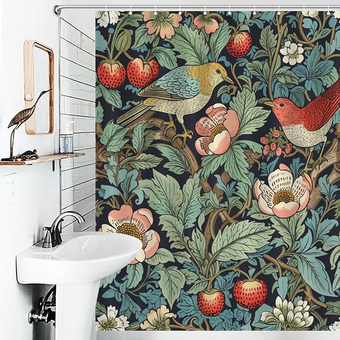 William Morris Shower Curtain,Original Design Strawberry Thief Green Flower Birds Pattern Print Shower Curtains Sets Polyester Waterproof Fabric Decor Bathroom Curtain 66"×72" Inch With 12 Hooks