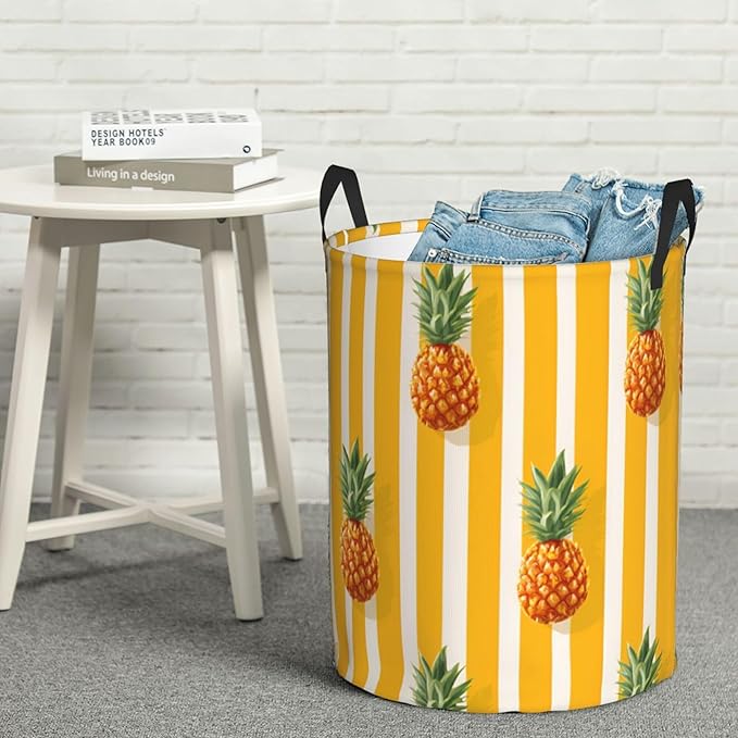 Tropical Pineapple Pattern with Yellow Stripes, Polyester Storage Basket, For Bathroom/Laundry Storage/Bedroom 19.6x15.7 Inch