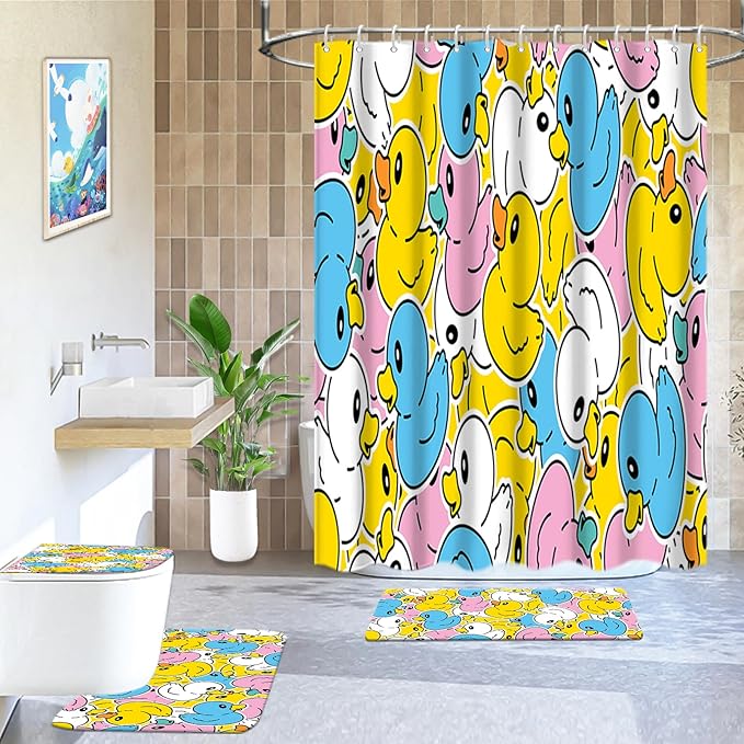 Lnond 4 Pcs Kids Bathroom Shower Curtain Set, Colorful Duck Bathroom Sets for Kids Bathroom Decoration with Shower Curtain, Non Slip Bathroom Rugs, Toilet Lid Cover, U Toilet Mat and 12 Hooks