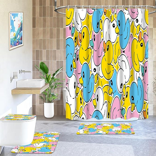 Lnond 4 Pcs Kids Bathroom Shower Curtain Set, Colorful Duck Bathroom Sets for Kids Bathroom Decoration with Shower Curtain, Non Slip Bathroom Rugs, Toilet Lid Cover, U Toilet Mat and 12 Hooks