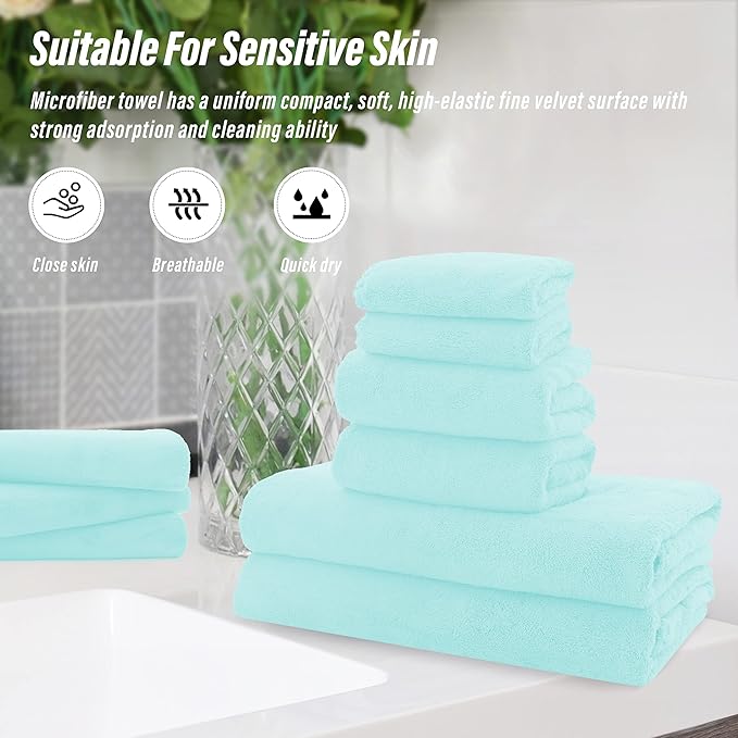 MOONQUEEN Ultra Soft Towel Set-Quick Drying-2 Bath Towels 2 Hand Towels 2 Washcloths - Microfiber Coral Velvet Highly Absorbent Towel for Bath Fitness, Bathroom,Sports,Yoga, Travel(Frozen Blue, 6 Pcs)
