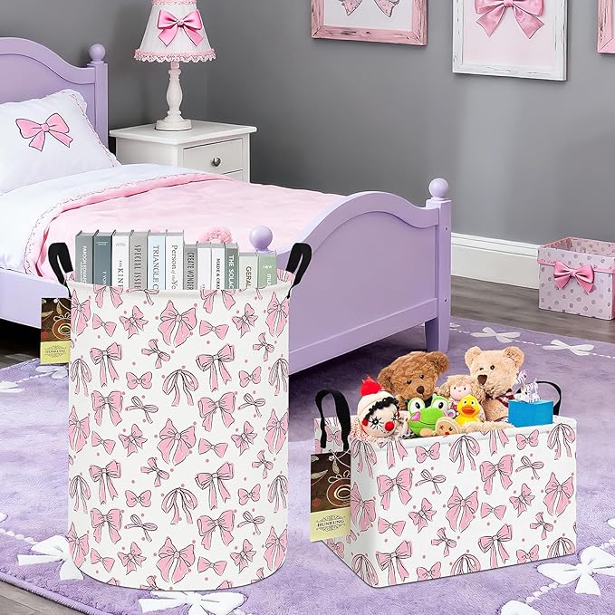 HUNRUNG Laundry Hamper,Large Canvas Fabric Lightweight Storage Basket Toy Organizer Dirty Clothes Collapsible Waterproof for College Dorms???Round-Pink Bow???