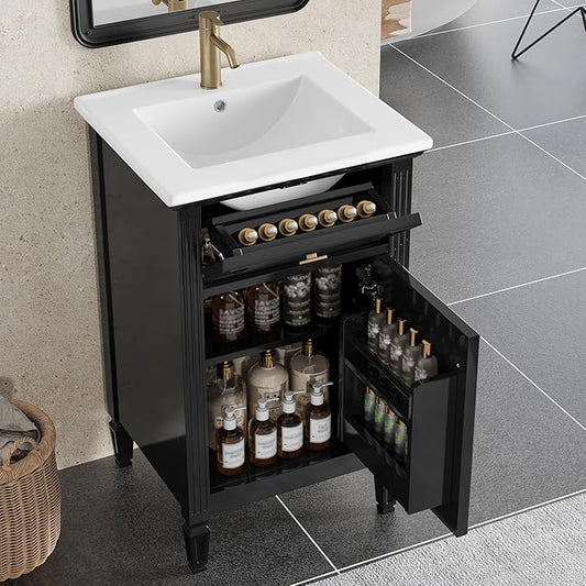 Virubi 20 in Small Bathroom Vanity with Sink,Soft Closing Door,Tilt-Out Drawer and Adjustable Shelf,Solid Wood Modern Single Bathroom Sink Cabinet,Freestanding (Black)