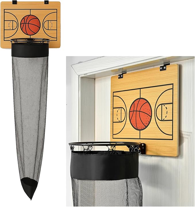 Oversized Basketball Laundry Hamper with Wooden Backboard – Over the Door Basketball Hoop Laundry Basket for Dirty Clothes, Boys Room Organizer & Fun Clothes Hamper (Wood)