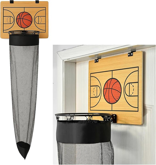 Oversized Basketball Laundry Hamper with Wooden Backboard – Over the Door Basketball Hoop Laundry Basket for Dirty Clothes, Boys Room Organizer & Fun Clothes Hamper (Wood)