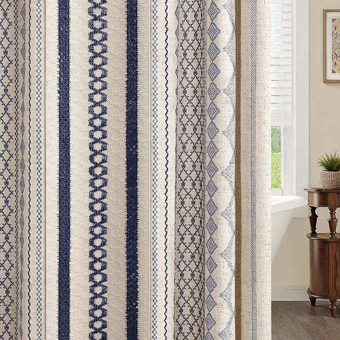 Nave Blue Boho Shower Curtain for Bathroom,Beige Linen with Striped Print and Twine-Inspired Woven Center,72" W x 72" L