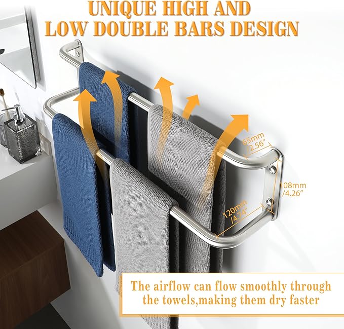 Alise Double Towel Bar,24 Inch Towel Racks for Bathroom, SUS304 Stainless Steel Towel Bar for Bathroom Wall,Quick Drying Bathroom Towel Holder Bath Towel Hanger,Brushed Nickel