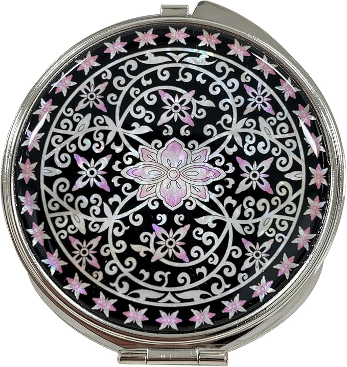 Portable Makeup Compact Double Magnifying Mirror Cosmestic Foldable Pocket Style Unique Mother of Pearl Design (Ivy)