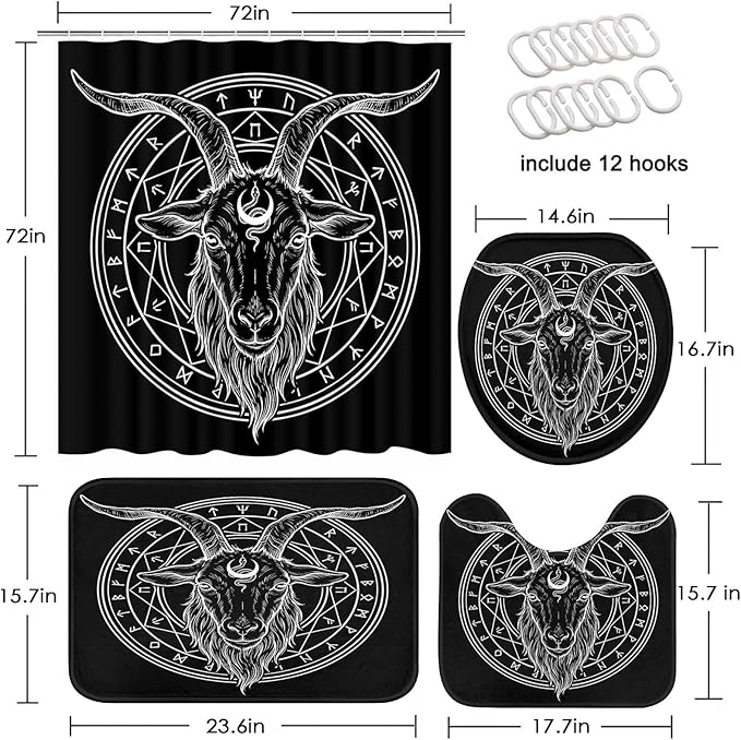 ArtSocket 4 Pcs Shower Curtain Set Goth Geometry Shapes Satan Retro Rock with Non-Slip Rugs Toilet Lid Cover and Bath Mat Bathroom Decor Set 72" x 72" Baphomet