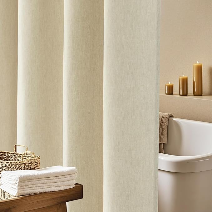 Natural Linen Look Shower Curtain Beige Extra Tall 72 x 96 Inch, Heavy Duty Faux Linen Fabric Shower Curtain Long Water-Resistant, Washable Cream Shower Curtains for Bathroom