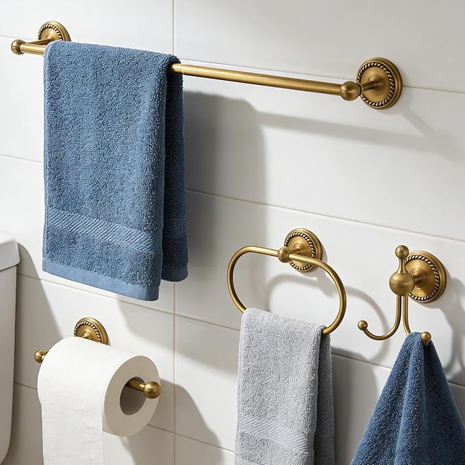 4-Pieces Antique Brass Gold Bathroom Accessories Set, Adjustable Towel Bar Fits 13.2”-24.6” Centers, Oval Towel Ring, Robe Hook, Toilet Paper Holder, Towel Racks for Bathroom Wall Mounted Hardware Set