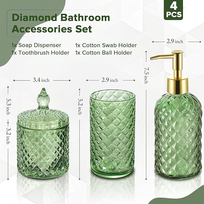 RYTOXILO Green Bathroom Accessories Set, 4 Pack Olive Green Bathroom Decor Accessory Sets Complete, Diamond Glass Soap Dispenser and Toothbrush Holder Set for Bath Counter Organizer Essentials