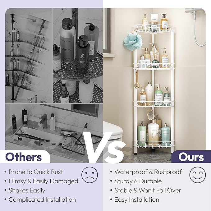 SWTYMIKI Standing Shower Caddy Corner - 4‑Tier Stainless Steel Shower Organizer Shelf with 16 Hooks and Adhesive Pads, Rustproof Corner Shelves Stand Rack for Bathroom Shower Room, white