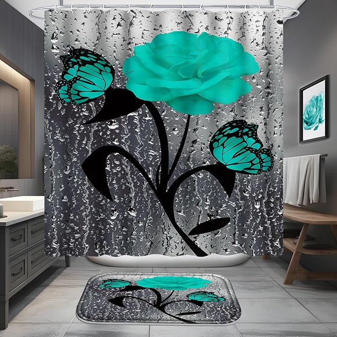 Poedist 4 Pcs Bathroom Set,Green Rose Shower Curtain Sets, Romantic Shower Curtain Sets with Rugs(Bath Mat,U Shape and Toilet Lid Cover Mat) and 12 Hooks