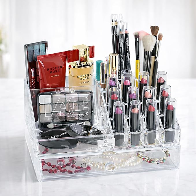 Decozen Makeup Organizer - Vanity Storage with Multiple Compartments and Drawers for Brushes, Lipsticks, Jewelry, Perfect for makeup organizer countertop, makeup holders and organizers, Gift for Mom
