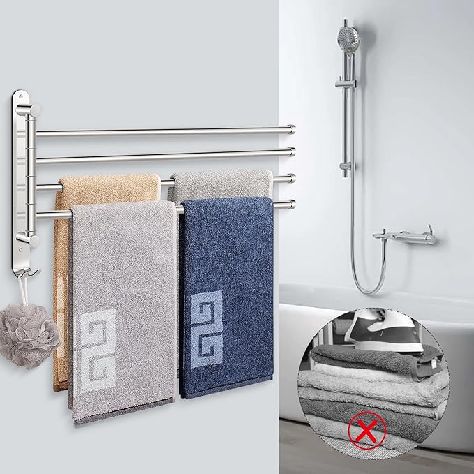 NearMoon Swivel Towel Rack, 19.5" Thicken 304 Stainless Steel 4-Arm Towel Bar, Space Saving Wall Mounted Towel Holder with Hook, Rustproof Swing Out Towel Hanger for Bathroom, Kitchen (Chrome Finish)