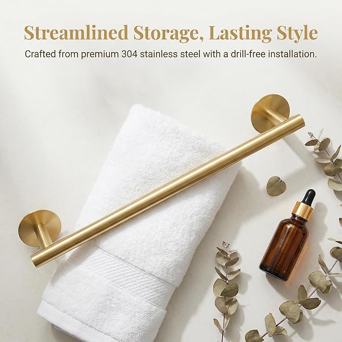 16" Self-Adhesive Brushed Gold Towel Bar - No Drill Stainless Steel Bathroom Kitchen Hand Wall Mount Towel Holder Rack Accesories Hand Towel bar