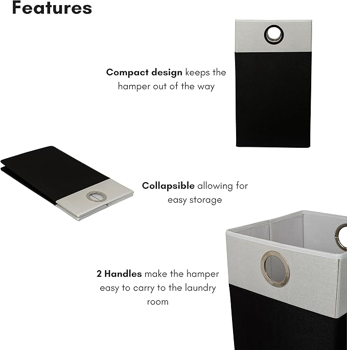 BirdRock Home Folding Cloth Laundry Hamper with Handles | Dirty Clothes Sorter | Easy Storage | Collapsible | Black and White