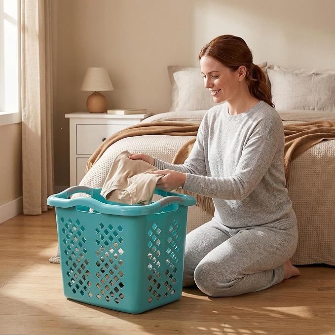 (2-Pack) 2 Bushel Plastic Laundry Baskets with Handles, Featuring Ventilation Design. Suitable for Laundry and Storage. Applicable to Bedrooms, Bathrooms, Dormitories. Convenient to carry. (‎Blue)