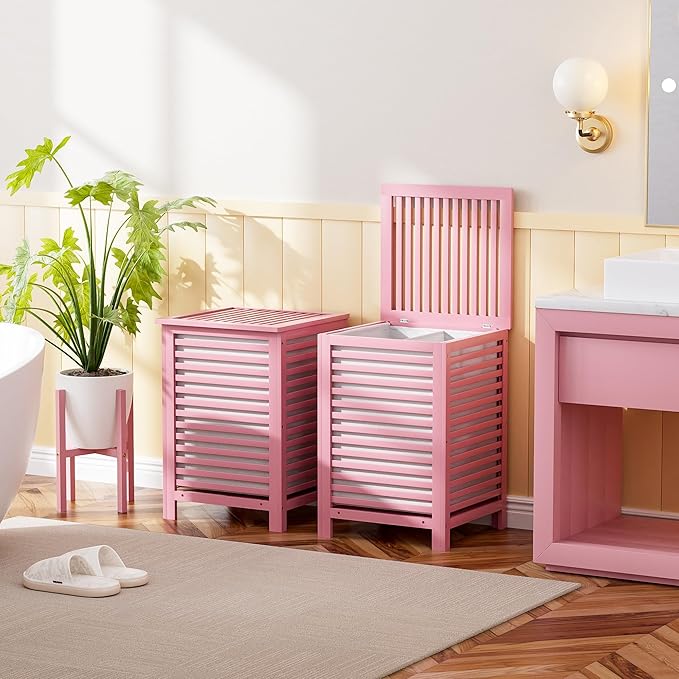 SMIBUY Double Laundry Hamper with Lid, 120L Bamboo Laundry Basket with Removable Liner Bag, 2-Section Clothes Divider Laundry Sorter for Laundry Room, Bathroom, Bedroom (Pink)
