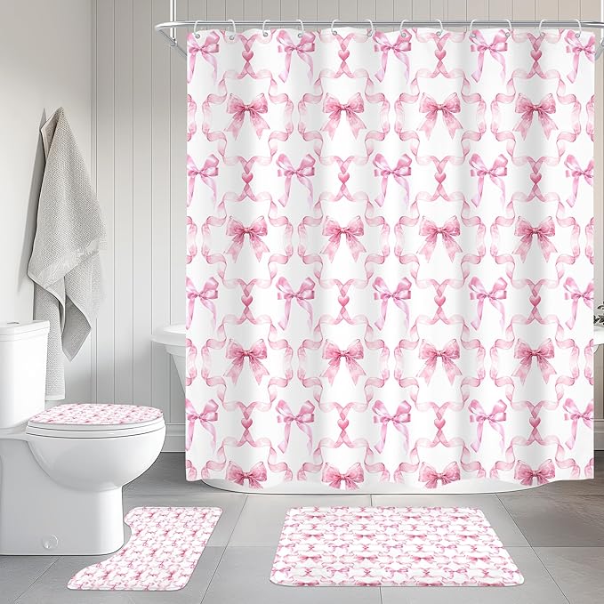 Cinbloo 4Pcs Pink Bow Shower Curtain Set, Retro Coquette Preppy Modern Fashion Pretty Sweet Girly Bathroom Curtain with Rug, Toilet Lid Cover, Bath Mat, Aesthetic Shower Curtain with 12 Hooks
