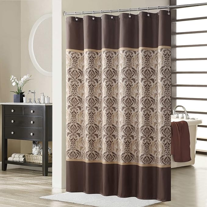 Sterling Farmhouse Brown Waterproof Polyester Fabric Chocolate Vintage Printed Long Shower Curtain,Damask Stripes Bathroom Curtains,72" W x Extra 78" L