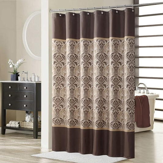 Sterling Farmhouse Brown Waterproof Polyester Fabric Chocolate Vintage Printed Long Shower Curtain,Damask Stripes Bathroom Curtains,72" W x Extra 78" L