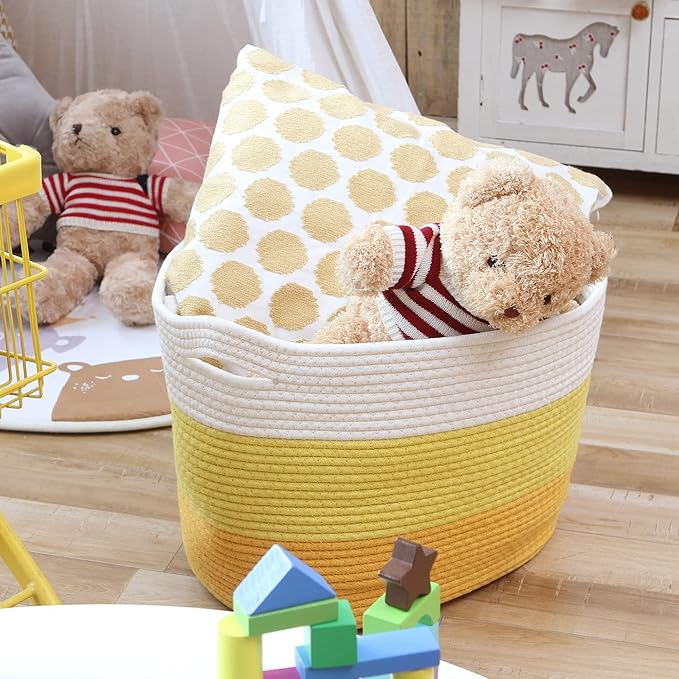 Sea Team Oval Large Cotton Rope Woven Storage Basket with Handles, Diaper Caddy, Baby Shower Basket, Nursery Nappies, Clothes Toys Organizer for Kid's Room, 16 x 13 inches, White & Yellow