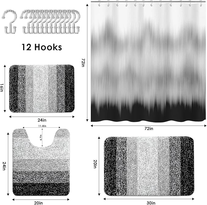 Britimes Black Grey Stripes Bathroom Sets with Shower Curtain and Rugs, Ombre Modern Abstract Waterproof Shower Curtain Liner and Soft Non Slip Bath Mat for Bathroom Decor and Accessories Hooks