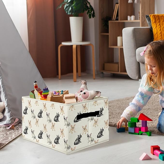 French Bulldog Dog Storage Bins & Boxes with Handles, Frenchie Dog Foldable Basket for Organizing, French Bulldog Gifts Collapsible Storage Basket for Bedroom Room Bathroom Clothes Toys Books