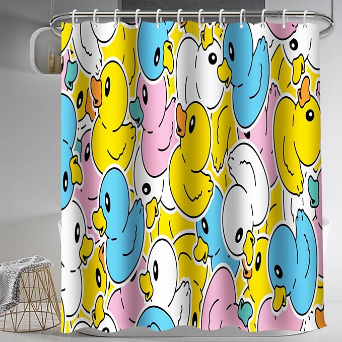 Lnond 4 Pcs Kids Bathroom Shower Curtain Set, Colorful Duck Bathroom Sets for Kids Bathroom Decoration with Shower Curtain, Non Slip Bathroom Rugs, Toilet Lid Cover, U Toilet Mat and 12 Hooks